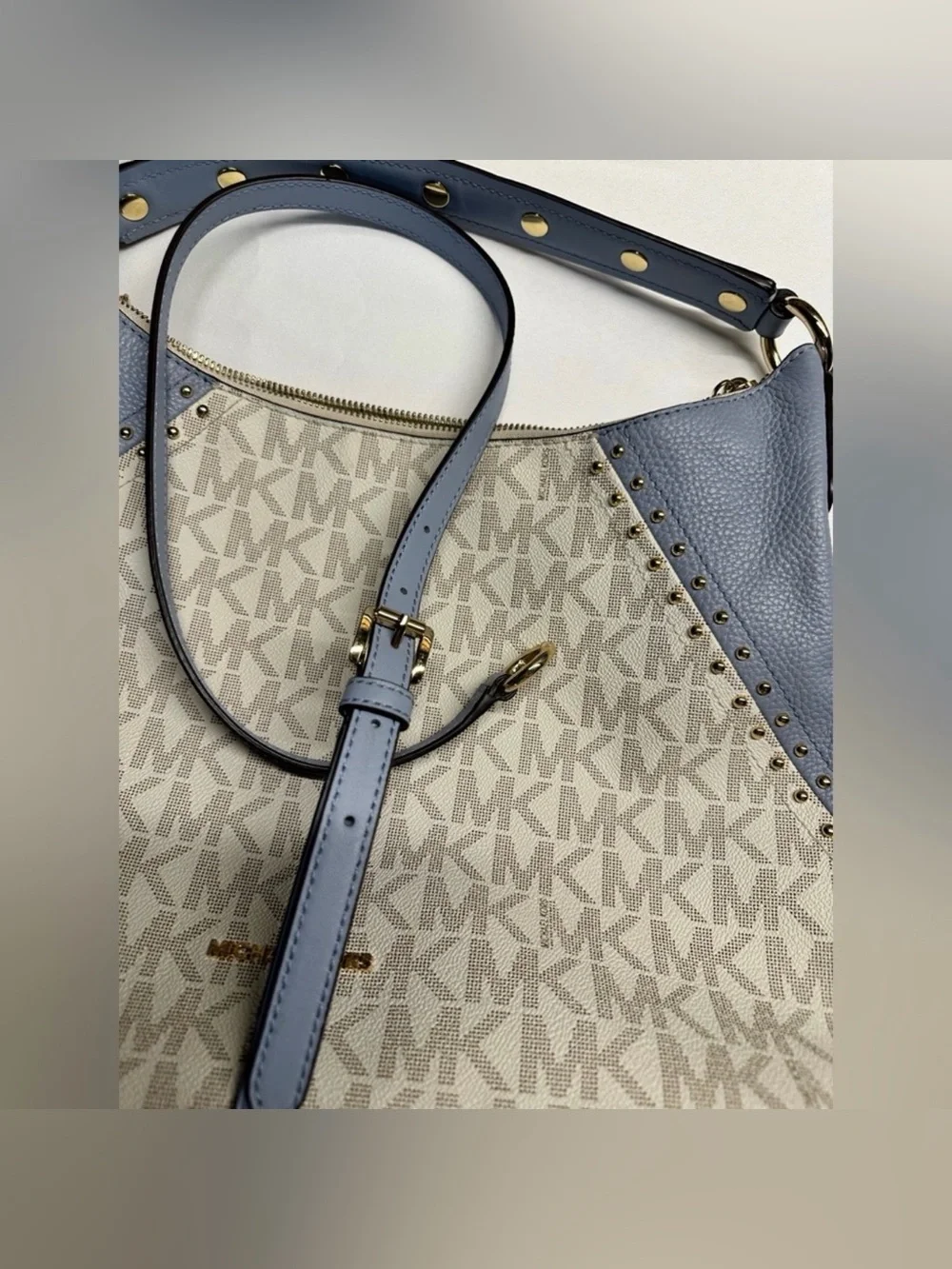 Michael Kors Signature MK Powder Blue Studded Hobo Shoulder Crossbody Bag Purse